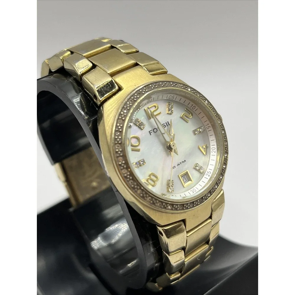 Fossil‎ AM4219 Gold/Rhinestone MOP Dial Date Women's Watch- New Battery!